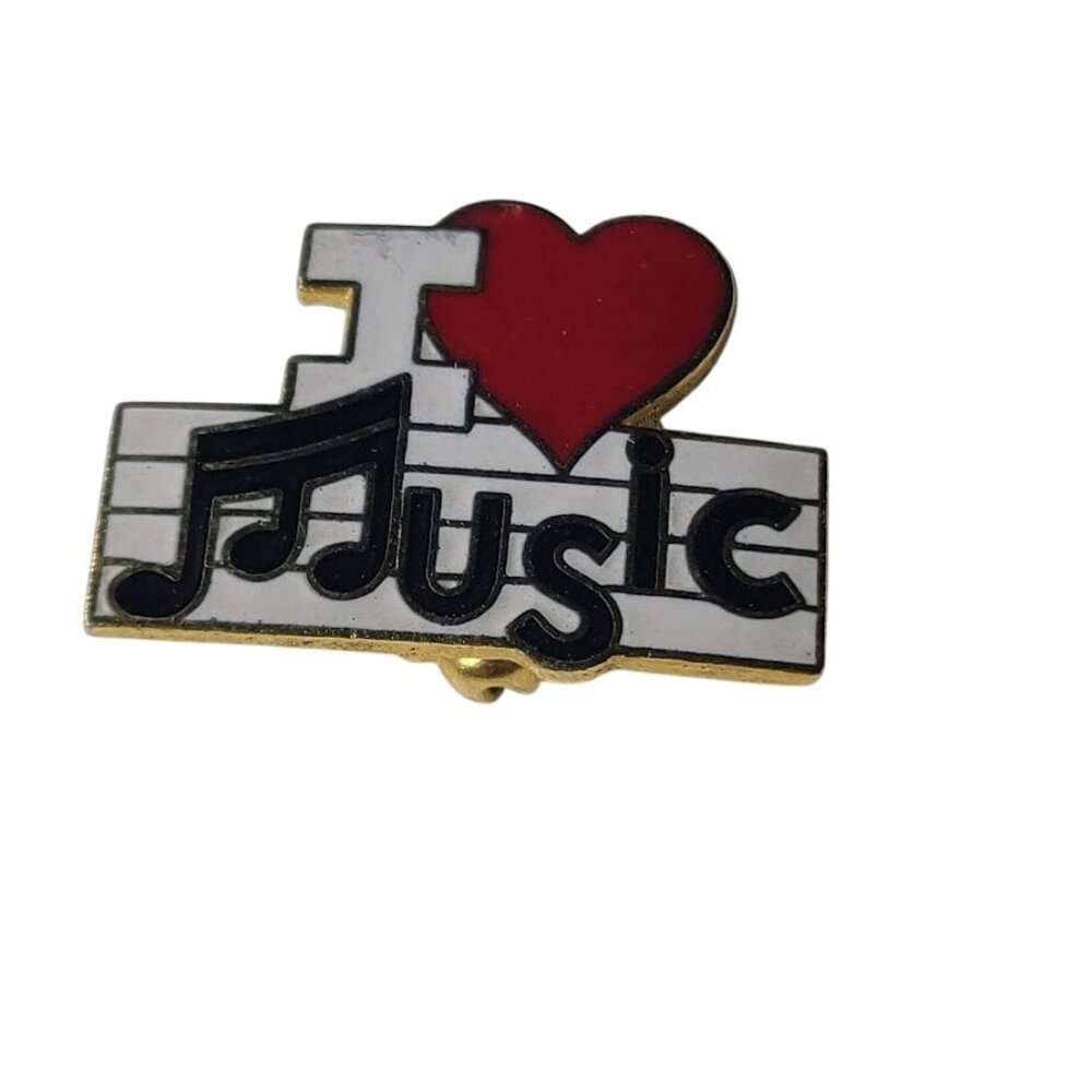Vintage 80s Lapel Pin I love Heart Music Musical Note Staff Hat Tie Brooch